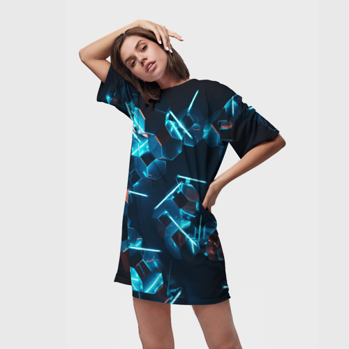 Платье-футболка 3D Неоновые фигуры с лазерами - голубой, цвет 3D печать - фото 3