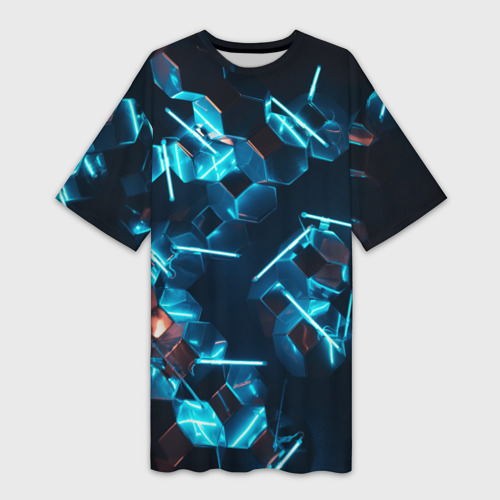 Платье-футболка 3D Неоновые фигуры с лазерами - голубой, цвет 3D печать