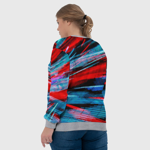 Женский свитшот 3D с принтом Неоновые прерывающиеся линии - Красный и голубой, вид сзади #2