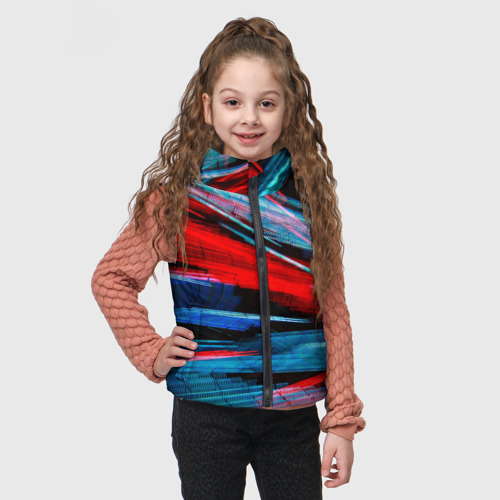 Детский жилет утепленный 3D с принтом Неоновые прерывающиеся линии - Красный и голубой, фото на моделе #1
