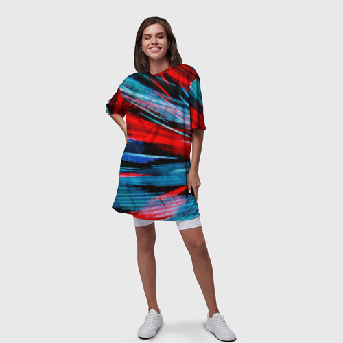 Платье-футболка 3D Неоновые прерывающиеся линии - Красный и голубой, цвет 3D печать - фото 5