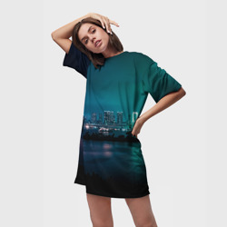Платье-футболка 3D Неоновый город с рекой - Светло-зелёный - фото 2