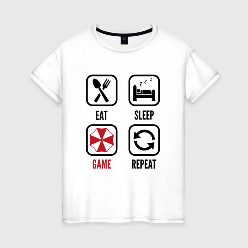 Женская футболка хлопок с принтом Eat / Sleep / Resident Evil / Repeat, вид спереди #2