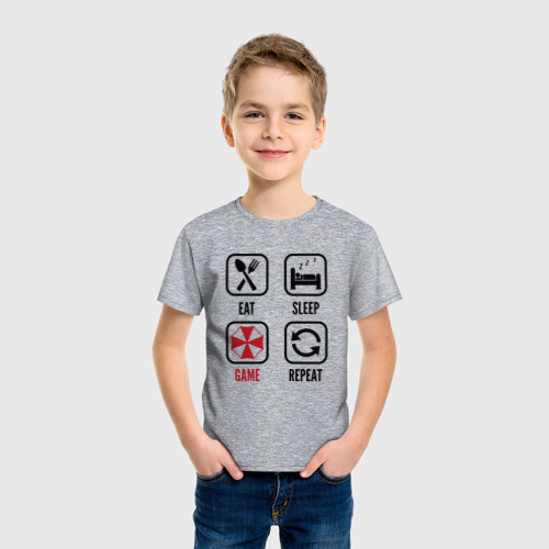 Детская футболка хлопок с принтом Eat / Sleep / Resident Evil / Repeat, фото на моделе #1