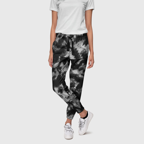 Женские брюки 3D с принтом Черно-белый абстрактный камуфляж, фото на моделе #1
