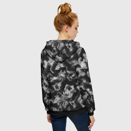 Женская толстовка 3D на молнии с принтом Черно-белый абстрактный камуфляж, вид сзади #2
