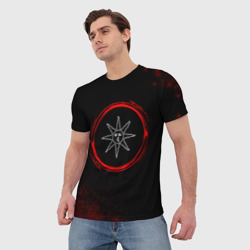 Мужская футболка 3D Символ Dark Souls и краска вокруг на темном фоне - фото 2