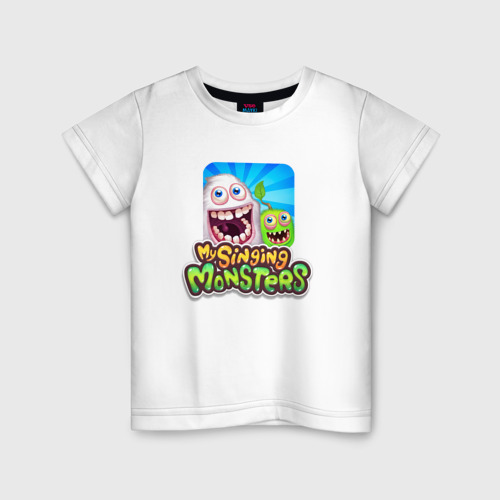 Детская футболка из хлопка с принтом My singing monsters мамунт и зерномех, вид спереди №1