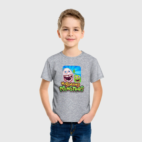 Детская футболка хлопок My singing monsters мамунт и зерномех, цвет меланж - фото 3