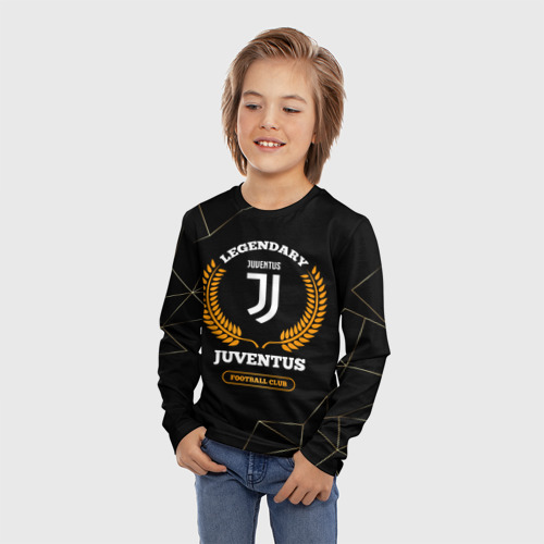 Детский лонгслив 3D с принтом Лого Juventus и надпись Legendary Football Club на темном фоне, фото на моделе #1