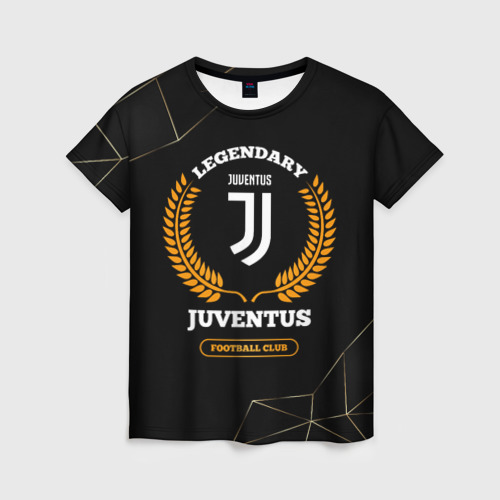 Женская футболка 3D с принтом Лого Juventus и надпись Legendary Football Club на темном фоне, вид спереди #2
