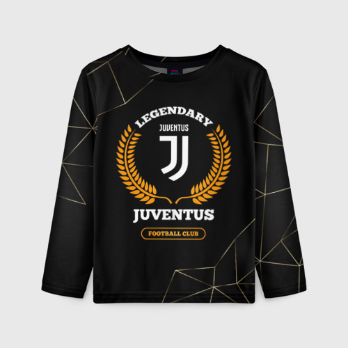 Детский лонгслив 3D с принтом Лого Juventus и надпись Legendary Football Club на темном фоне, вид спереди #2