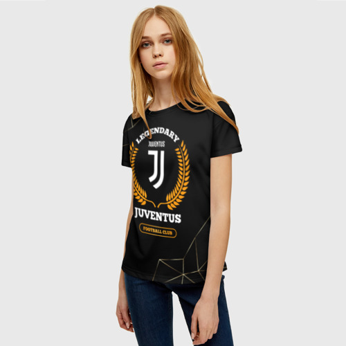 Женская футболка 3D с принтом Лого Juventus и надпись Legendary Football Club на темном фоне, фото на моделе #1