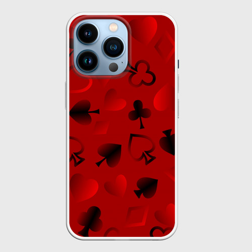 Чехол для iPhone 14 Pro с принтом Карты: карточные масти на красном фоне, вид спереди №1