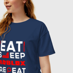 Женская футболка хлопок Oversize Надпись Eat Sleep Roblox Repeat - фото 2
