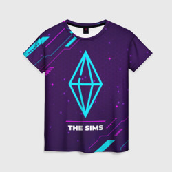 Женская футболка 3D Символ The Sims в неоновых цветах на темном фоне