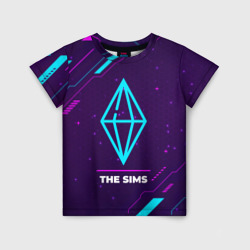 Детская футболка 3D Символ The Sims в неоновых цветах на темном фоне