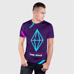 Мужская футболка 3D Slim Символ The Sims в неоновых цветах на темном фоне - фото 2