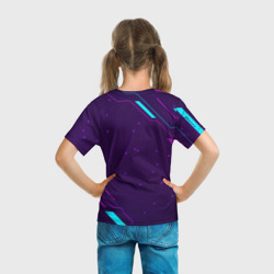 Футболка с принтом Символ The Sims в неоновых цветах на темном фоне для ребенка, вид на модели сзади №3. Цвет основы: белый