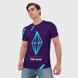 Мужская футболка 3D Символ The Sims в неоновых цветах на темном фоне - фото 2