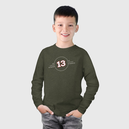 Детский лонгслив хлопок с принтом Lucky 13 - счастливое число 13, фото на моделе #1
