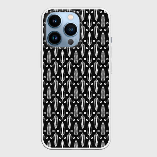 Чехол для iPhone 14 Pro с принтом Черно-белый современный модный узор листья, вид спереди #2