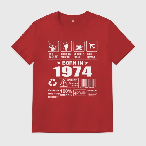 Мужская футболка хлопок с принтом Родился в 1974 г, вид спереди #2