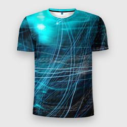 Мужская футболка 3D Slim Неоновые волны и линии - Голубой