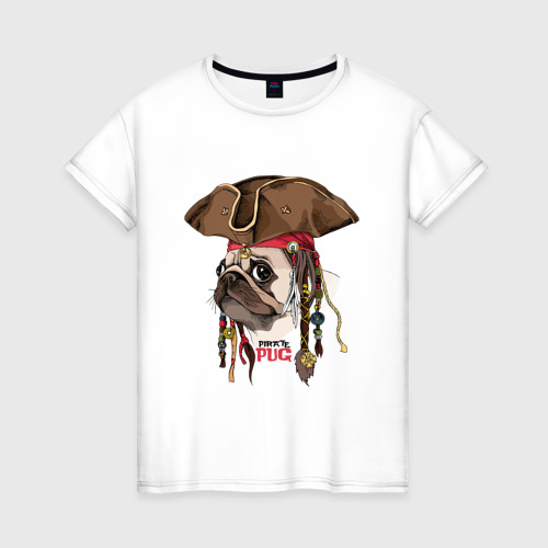 Женская футболка из хлопка с принтом Мопс пират собака в шляпе, вид спереди №1