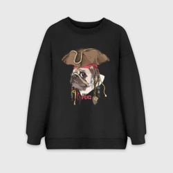 Женский свитшот oversize без начеса хлопок Мопс пират собака в шляпе