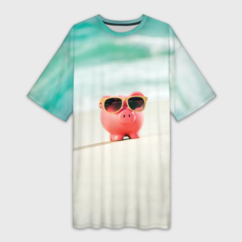 Платье-футболка 3D Свинка на пляже в очках