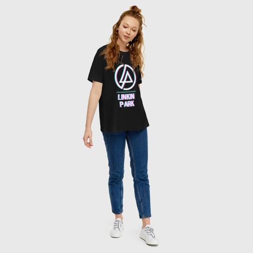 Женская футболка хлопок Oversize с принтом Linkin Park Glitch Rock, вид сбоку #3