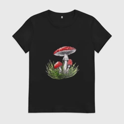 Женская футболка хлопок Мухоморы в траве