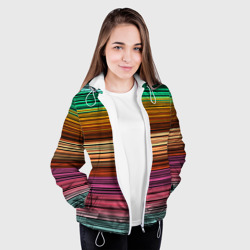 Куртка с принтом Multicolored thin stripes Разноцветные полосы для женщины, вид на модели спереди №3. Цвет основы: белый