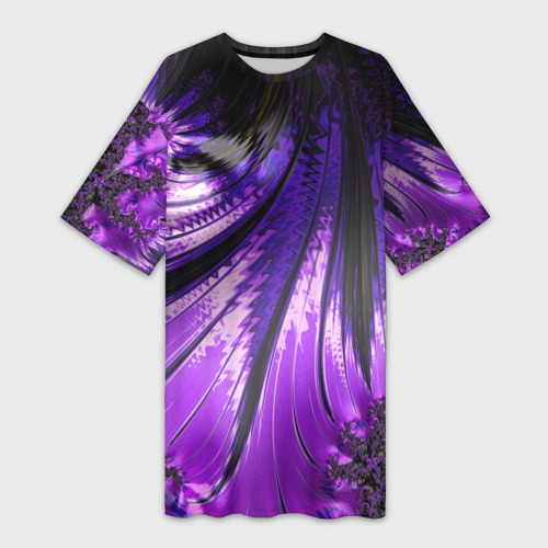 Платье-футболка 3D Неоновый фрактал черный с фиолетовым Абстракция, цвет 3D печать