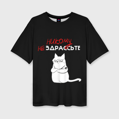 Женская футболка оверсайз с принтом Неприветливый кот, вид спереди №1