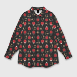 Женская рубашка oversize 3D Красные Божьи коровки на черном фоне ladybug
