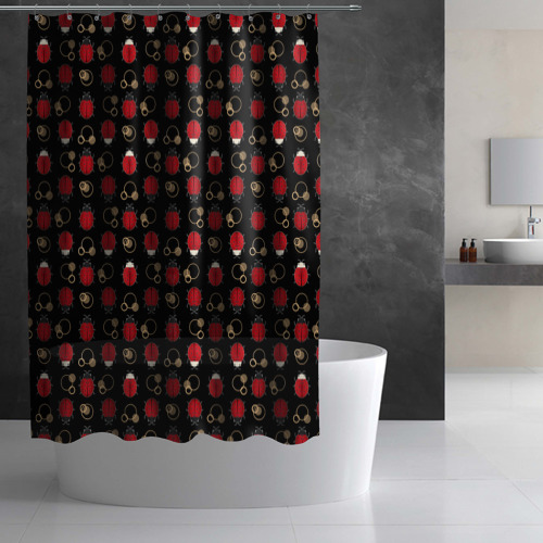 Штора 3D для ванной Красные Божьи коровки на черном фоне ladybug - фото 3
