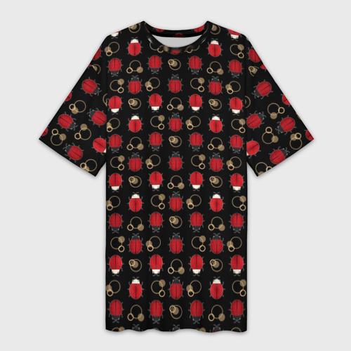 Платье-футболка 3D Красные Божьи коровки на черном фоне ladybug, цвет 3D печать