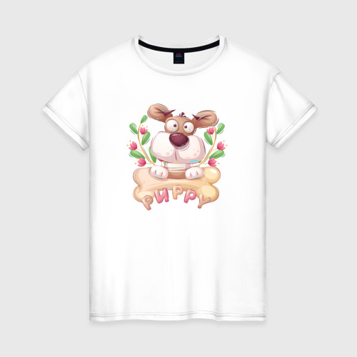 Женская футболка из хлопка с принтом Собачка с косточкой, вид спереди №1