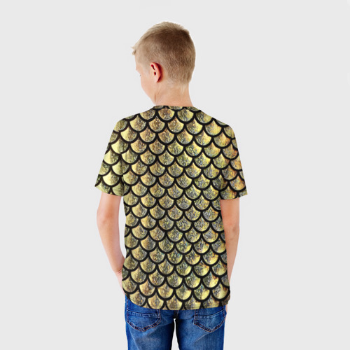 Детская футболка 3D с принтом Чешуя золотая, вид сзади #2