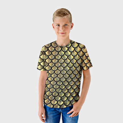 Детская футболка 3D с принтом Чешуя золотая, фото на моделе #1