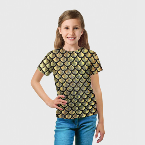 Детская футболка 3D с принтом Чешуя золотая, вид сбоку #3