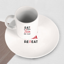 Набор: тарелка кружка с принтом Надпись: Eat Sleep Zelda Repeat для любого человека, вид спереди №3. Цвет основы: белый