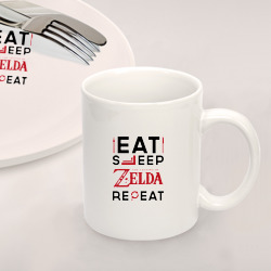 Набор: тарелка кружка с принтом Надпись: Eat Sleep Zelda Repeat для любого человека, вид спереди №2. Цвет основы: белый