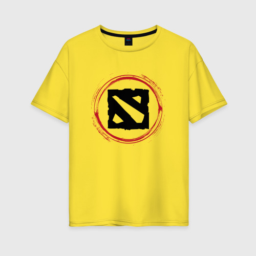 Женская футболка хлопок Oversize Символ Dota и красная краска вокруг, цвет желтый