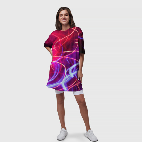 Платье-футболка 3D Неоновые линии и фонари - Красный, цвет 3D печать - фото 5