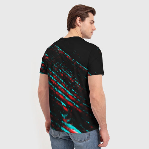 Мужская футболка 3D с принтом FNAF в стиле Glitch (Баги Графики) на темном фоне, вид сзади #2