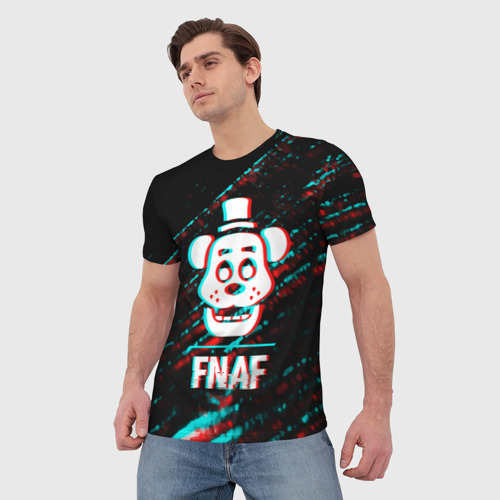 Мужская футболка 3D с принтом FNAF в стиле Glitch (Баги Графики) на темном фоне, фото на моделе #1