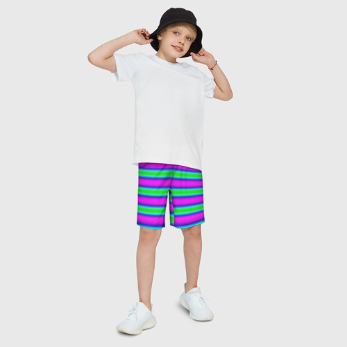 Детские спортивные шорты 3D Зеленый и фиолетовые яркие неоновые полосы , цвет 3D печать - фото 3